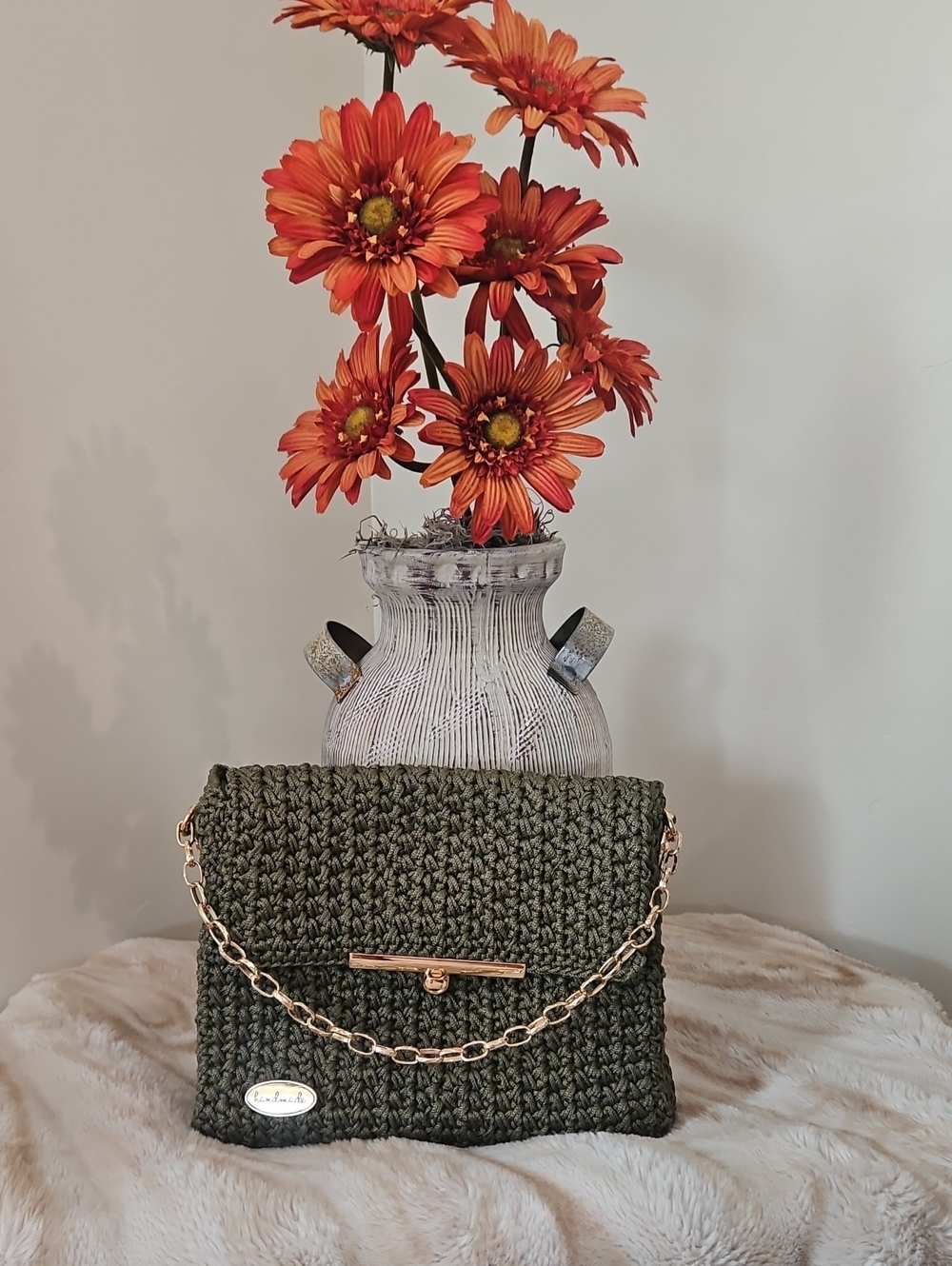 Stylish Olive Hand Crocheted Chain Shoulder Bag by Me.